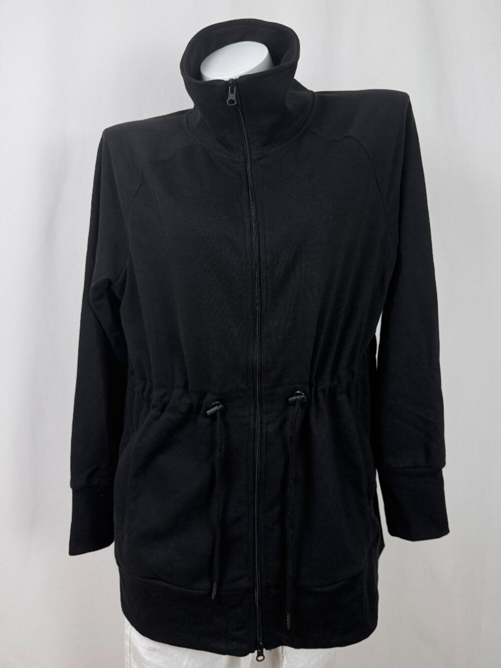 iyla Women Longline Athleisure Jacket Black Full Zip Drawstring M NWT